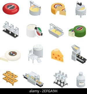 Molkereiproduktion Fabrik isometrische Symbole mit cremig weich und eingestellt Hartkäse Sorten Reifung isometrische isolierte Vektor-Illustration Stock Vektor