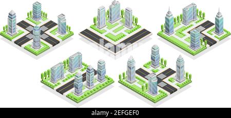 Stadthäuser isometrische Zusammensetzung mit Gebäuden und Straße isoliert Vektor Abbildung Stock Vektor
