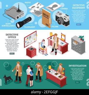 Detective horizontale Banner mit isometrischen Büromöbel Spionage-Ausrüstung gesetzt Und Klartexter Mann Charakter mit Text Vektor Illustration Stock Vektor