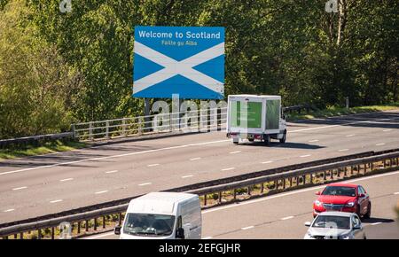 Willkommen in Schottland Schild, wo die M6 trifft die A74 M in der Nähe Gretna Green an der Grenze zwischen England und Schottland. Stockfoto