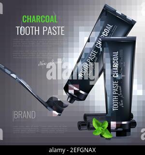 Holzkohle Zahnpasta Poster Komposition mit Bildern von gebrandeten Röhren und Zahnbürste mit editierbarer Textbeschreibung Vektordarstellung Stock Vektor