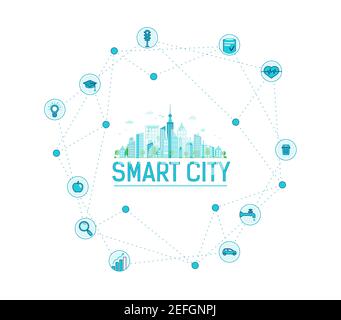 Smart City Infografiken. Moderne Stadt im Kreis Ikonen. Vektor gefüllte Linien Stil. Online-Apotheke, Bildung und Lebensmittel. Intelligente Gesundheit und Transport. Stock Vektor