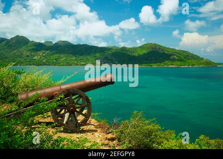 Cannon am Meer, Morgan Fort, Providencia y Santa Catalina, San Andres y Providencia Department, Kolumbien Stockfoto