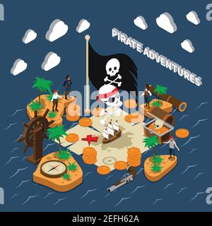 Piratenabenteuer isometrische Komposition mit Totenkopf auf schwarzer Flagge golden Münzen Kompass Segelschiff Fernglas Pistole Inseln Vektor Illustration Stock Vektor