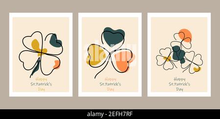 Set St. Patrick s Day Poster im Line Art Stil. Typografie Banner Vorlage für Hintergrund, Poster, Flyer, Broschüre, Urlaubseinladung, Unternehmen Stock Vektor