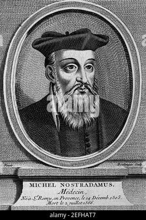 Michael Nostradamus (alias Michel de Nostredame) (geboren 14. Dezember 1503, Saint-Rémy, Frankreich - gestorben 1./2. Juli 1566, Salon) französischer Astrologe, Arzt und bekannter Seher, der vor allem für sein Buch Les Prophéties bekannt ist, eine Sammlung von 942 poetischen Vierzeilern, die angeblich zukünftige Ereignisse vorhersagen. Das Buch wurde erstmals 1555 veröffentlicht. Liniengravur von J. Boulanger / Aktenzeichen # 1003-859THA Stockfoto