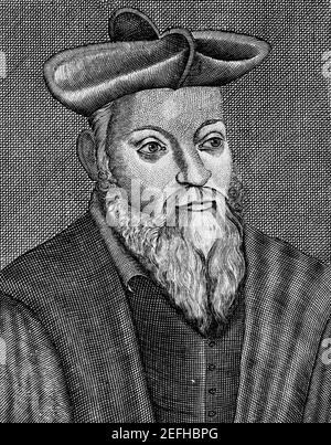 Michael Nostradamus (alias Michel de Nostredame) (geboren 14. Dezember 1503, Saint-Rémy, Frankreich - gestorben 1./2. Juli 1566, Salon) französischer Astrologe, Arzt und bekannter Seher, der vor allem für sein Buch Les Prophéties bekannt ist, eine Sammlung von 942 poetischen Vierzeilern, die angeblich zukünftige Ereignisse vorhersagen. Das Buch wurde erstmals 1555 veröffentlicht. Strichgravur von G. W. Knor/ Welcome Collection / Aktenzeichen # 1003-861THA Stockfoto