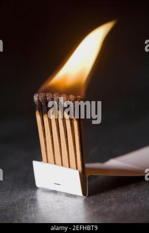 Nahaufnahme brennender Streichhölzer in einer Streichholzschachtel Stockfoto