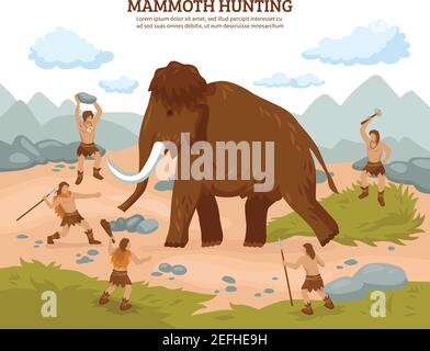Mammut Jagd Hintergrund mit Menschen Mammut und Waffen flachen Vektor ilustration Stock Vektor