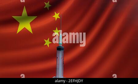 Mikrobiologische Forschung in China. Entwicklung von antiviralen Medikamenten in der Republik China. Er hat eine Flasche Covid-19-Impfstoff. Sinovac neue chinesen Stockfoto