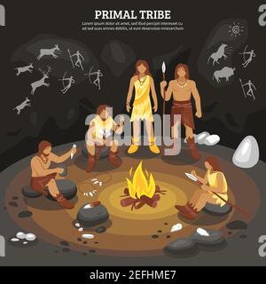 Urstamm Menschen mit Höhle Malerei Symbole flache Vektor-Ilustration Stock Vektor