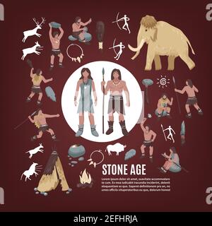 Steinzeit Menschen Symbole mit Waffe flach isoliert Vektor gesetzt Abbildung Stock Vektor