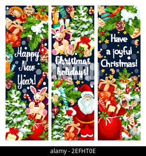 Frohe Weihnachten oder ein glückliches neues Jahr Feier Grußbanner. Vektor Santa Geschenke und Neujahr Dekoration Girlande Lichter auf Weihnachtsbaum, Gingerbre Stock Vektor