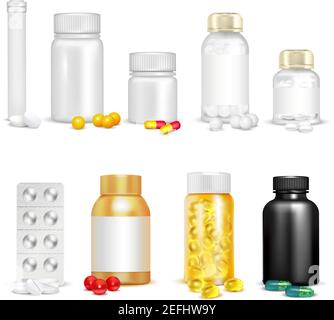 3D Set von Vitaminen in Pillen und Kapseln aus Kunststoff Container und Blisterverpackung isolierte Vektor-Illustration Stock Vektor