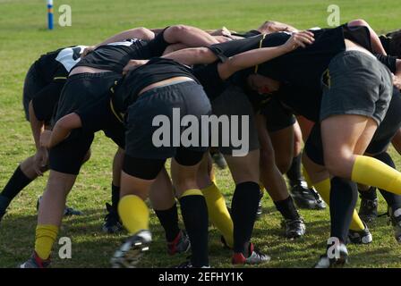 Rugby-Spieler bilden Scrum in einem Feld Stockfoto