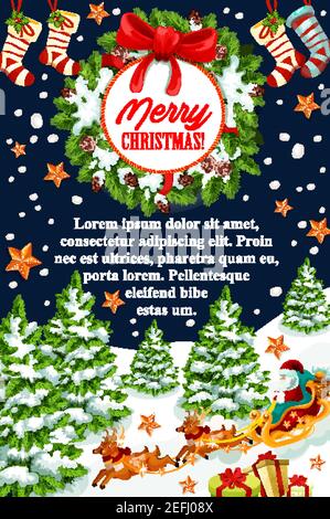 Frohe Weihnachten Winter Urlaub Grußkarte von Geschenk Strümpfe und Santa Rentier Schlitten, Weihnachtsbaum und goldenen Sternen Girlande Dekoration mit Neu Stock Vektor