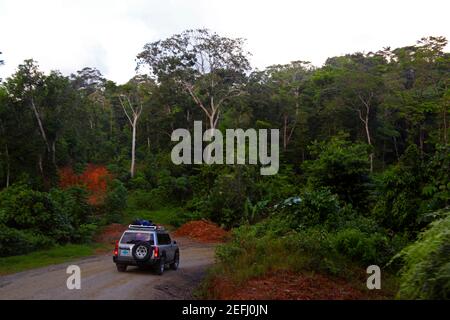 Nissan Patrol 4x4 SUV auf der Straße nach Carti Schnitt durch Nebelwald in der Comarca de San Blas , Panama Stockfoto