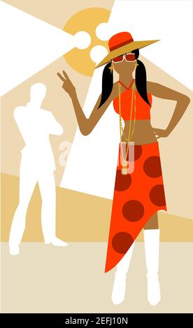 Porträt einer Frau, die in einer Polka Dot dress gestikulierte wild mit den Händen Stockfoto