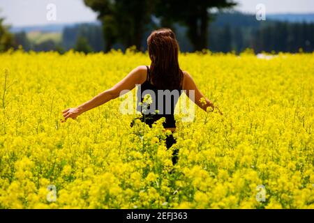 Rückansicht einer jungen Frau, die in einem Feld, Tschechische Republik Stockfoto