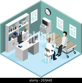 Patient in Arztpraxis mit moderner Diagnosegerät an der Rezeption Bei Kardiologen isometrisches Design Konzept Vektordarstellung Stock Vektor