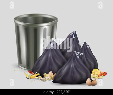 Leerer Papierkorb, Küchenabfallbehälter und volle Plastikmüllbeutel, Vektorgrafik. Lebensmittelabfall, organischer Abfall Stock Vektor
