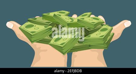 Zwei Hände zeigen oder halten Bargeld mit Bezahlung oder Kauf Geste. Konzeption von Finanz- oder Bestechungskonzepts. Flache und durchgehende Vektorgrafik. Vorderansicht Stock Vektor