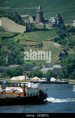 Niedrige Ansicht eines Schlosses auf einem Hügel, Schloss Reichenstein, Rheinland-Pfalz, Rhein, Deutschland Stockfoto
