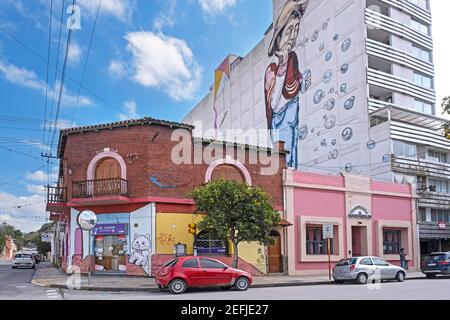 Riesige Wandmalerei auf der Seite der Wohnung und Graffiti-Kunstwerke in der Stadt San Salvador de Jujuy, Jujuy Provence in Nordargentinien Stockfoto