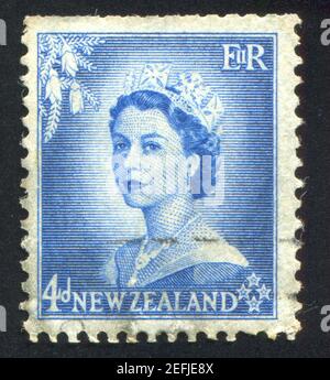 Neuseeland - ca. 1953: Briefmarke gedruckt von Neuseeland zeigt Königin Elizabeth II., ca. 1953 Stockfoto