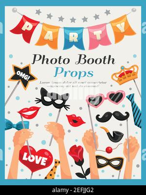 Farbige Fotokabine Party Requisiten Poster mit Schlagzeile und Mensch S-Hände Vektorgrafik Stock Vektor