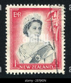 Neuseeland - ca. 1953: Briefmarke gedruckt von Neuseeland zeigt Königin Elizabeth II., ca. 1953 Stockfoto