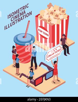 Cinema isometrisches Designkonzept mit Popcorn Cola 3D Gläser Schilder Und Zuschauer Figuren Vektor Illustration Stock Vektor