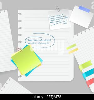 Realistische Komposition aus bunten leeren Blättern und Papierstücken Mit Notizen und Klebeband auf grauem Hintergrund Vektorgrafik Stock Vektor