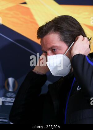 Kiew, Ukraine. Februar 2021, 17th. KIEW, UKRAINE - 17. FEBRUAR: Rik De Mil vom Club Brugge während einer Pressekonferenz des Club Brugge im NSK Olimpiyskiy am 17. Februar 2021 in Kiew, Ukraine, vor der UEFA Europa League Runde des Fußballspiels 32 gegen Dynamo Kiew. (Foto von Andrey Lukatsky/Orange Pictures) Credit: Orange Pics BV/Alamy Live News Stockfoto