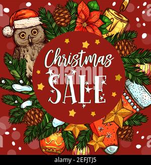 Weihnachtsfeiertag Verkauf Banner mit Weihnachtskranz. Kiefer und Tannenzweig, Kugel und Stern, Kerze, Schneeflocke, Eule mit Weihnachtsmütze und Socke, Weihnachtssterne Blume Stock Vektor