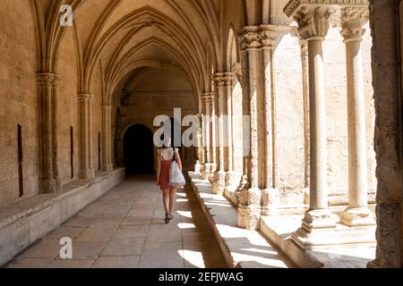 Junge Frau, die im Sommer den Kreuzgang der Kathedrale von Arles, Frankreich, besucht Stockfoto