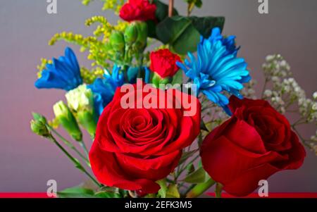 Eine Vielzahl von Blumen, Knospen und Blättern in einem bunten Indoor-Anordnung mit selektiver Unschärfe -02 Stockfoto