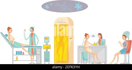 Flaches Konzept mit weiblichen Kunden beim Epilieren und Empfangen anderer Dienstleistungen in Beauty Spa Salon isoliert Vektor Illustration Stock Vektor