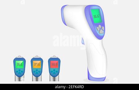 Infrarot berührungslose Temperaturthermometer Pistole für Stirn mit Temperaturbereichsstandards. Vektordarstellung, einfach zu ändern. Stock Vektor