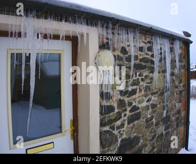 Große Eiszapfen, die an der Rinne hängen, und Außenlicht einer Steinhauserweiterung in Schottland während eines harten Winters. Stockfoto