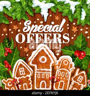 Weihnachtsferien Verkauf und Sonderangebote Promo Poster Design für Winter saisonal Discount Shop. Vector Lebkuchen Cookie Haus, Weihnachtsbaum deco Stock Vektor
