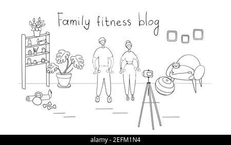 Fitness-Blog für Familien. Blogger nehmen Inhalte für ihren Video-Blog auf. Sportler senden mit einer Kamera auf Stativ an ihre Abonnenten Stock Vektor