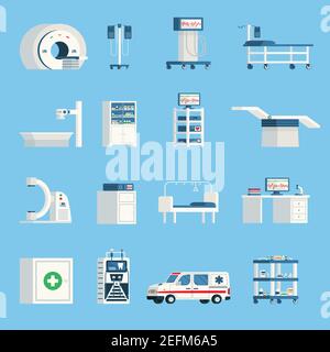 Krankenhausausstattung orthogonale flache Symbole Satz von High-Tech-Geräten für Operation und Untersuchung von Patienten isoliert Vektor-Illustration Stock Vektor