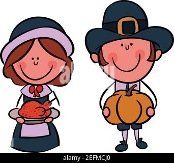 Große Illustration eines Pilgerpaares. Perfekt für eine Dankesdarstellung. Stock Vektor