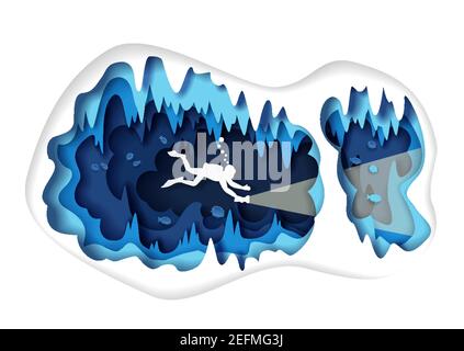 Papier geschnitten Unterwasser Meereshöhle mit Fischen und Taucher Silhouette, Vektor-Illustration. Scuba Diving Poster Banner Vorlage Stock Vektor