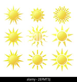 Satz von Sonnensymbolen. Sonnenpiktogramm, flaches Symbol für Wetterdesign. Stock Vektor