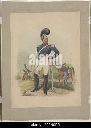 Offizier aus der ersten Truppe, Philadelphia, nach vorne gerichtet, Kopf nach rechts gerichtet stehend vor Soldat hält Pferd und ein anderer auf dem Pferd) - J.R. Smith, Phila., Pa., 1839 Stockfoto