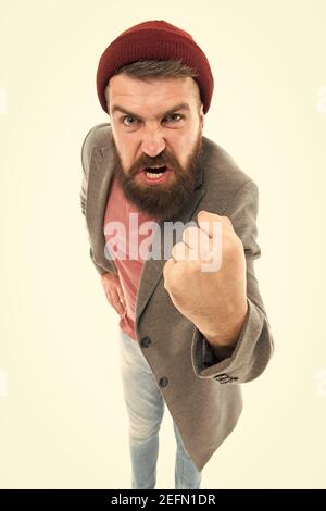 Was haben Sie gesagt. Bully Hipster. Schule der guten Manieren. Tipps und Tricks schöner Mann. Arroganter, unhöflicher Hipster. Bärtig und hübsch. Selbstverbesserungskonzept. Bärtige Hipster brutale Person. Stockfoto