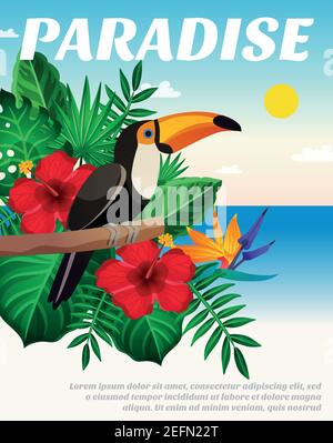 Tropische Farbkomposition mit exotischem schwarzen Vogel mit großem Schnabel Auf dem Zweig der Pflanzenvektordarstellung Stock Vektor