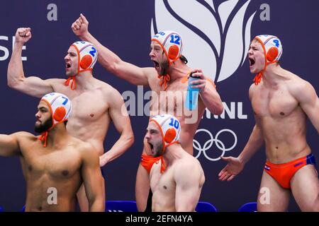 Rotterdam, Niederlande. Februar 2021, 17th. ROTTERDAM, NIEDERLANDE - 17. FEBRUAR: Während des olympischen Wasserball-Qualifikationsturniers 2021 Spiel zwischen den Niederlanden und Frankreich im Zwemcentrum Rotterdam am 17. Februar 2021 in Rotterdam, Niederlande (Foto von Marcel ter Bals/Orange Pictures) Credit: Orange Pics BV/Alamy Live News Stockfoto